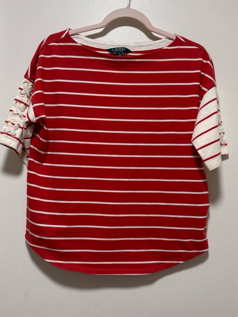 LAUREN Ralph Lauren Red & White Striped Lace-Up Sleeve Tee nautical